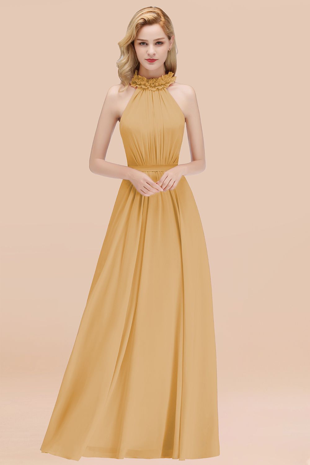 Gold High Neck Chiffon A-Line Long Bridesmaid Dress