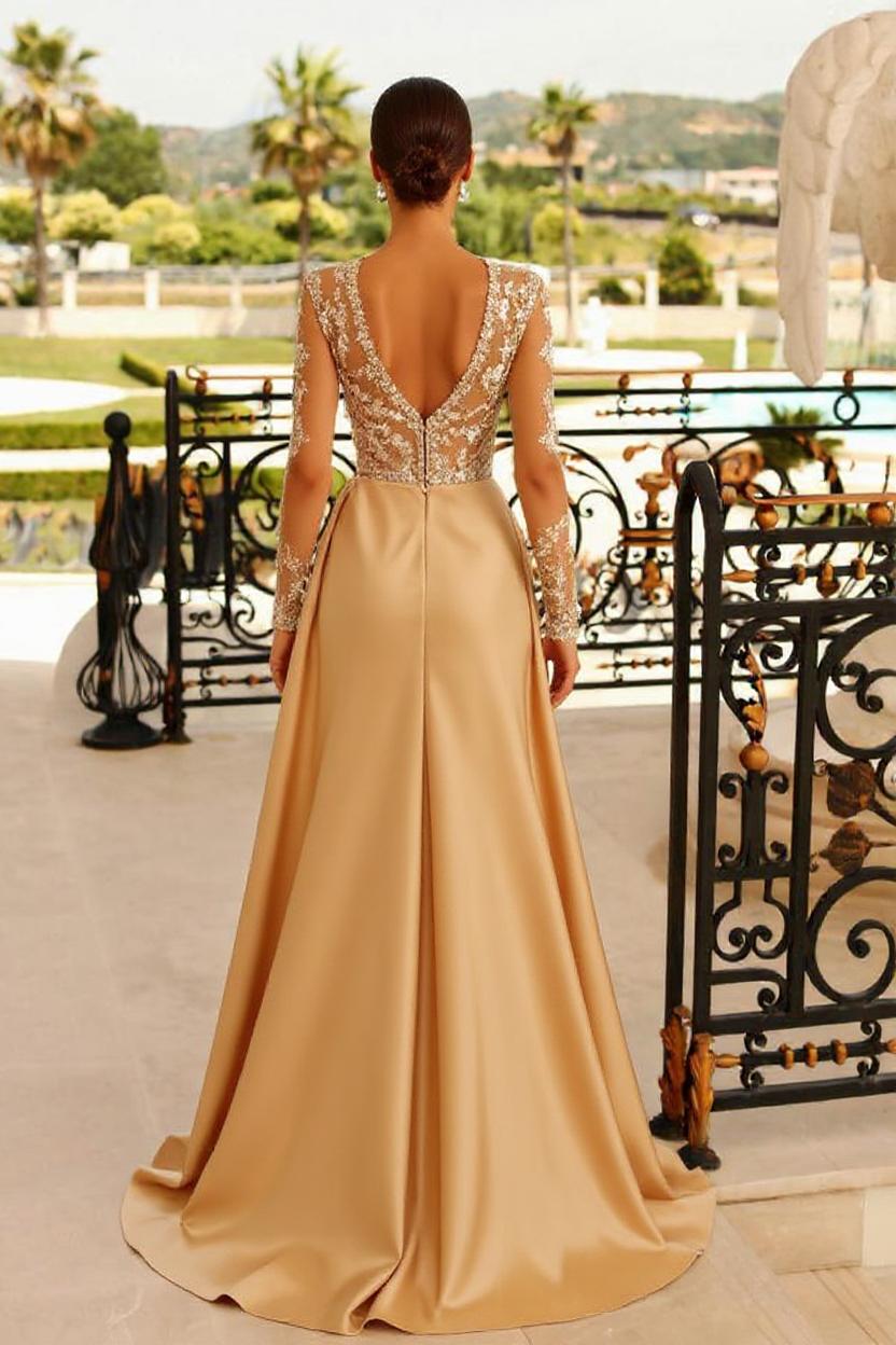 Gold High Neck Satin Sheath Long Prom Dress with Long Sleeves and Slit Back View