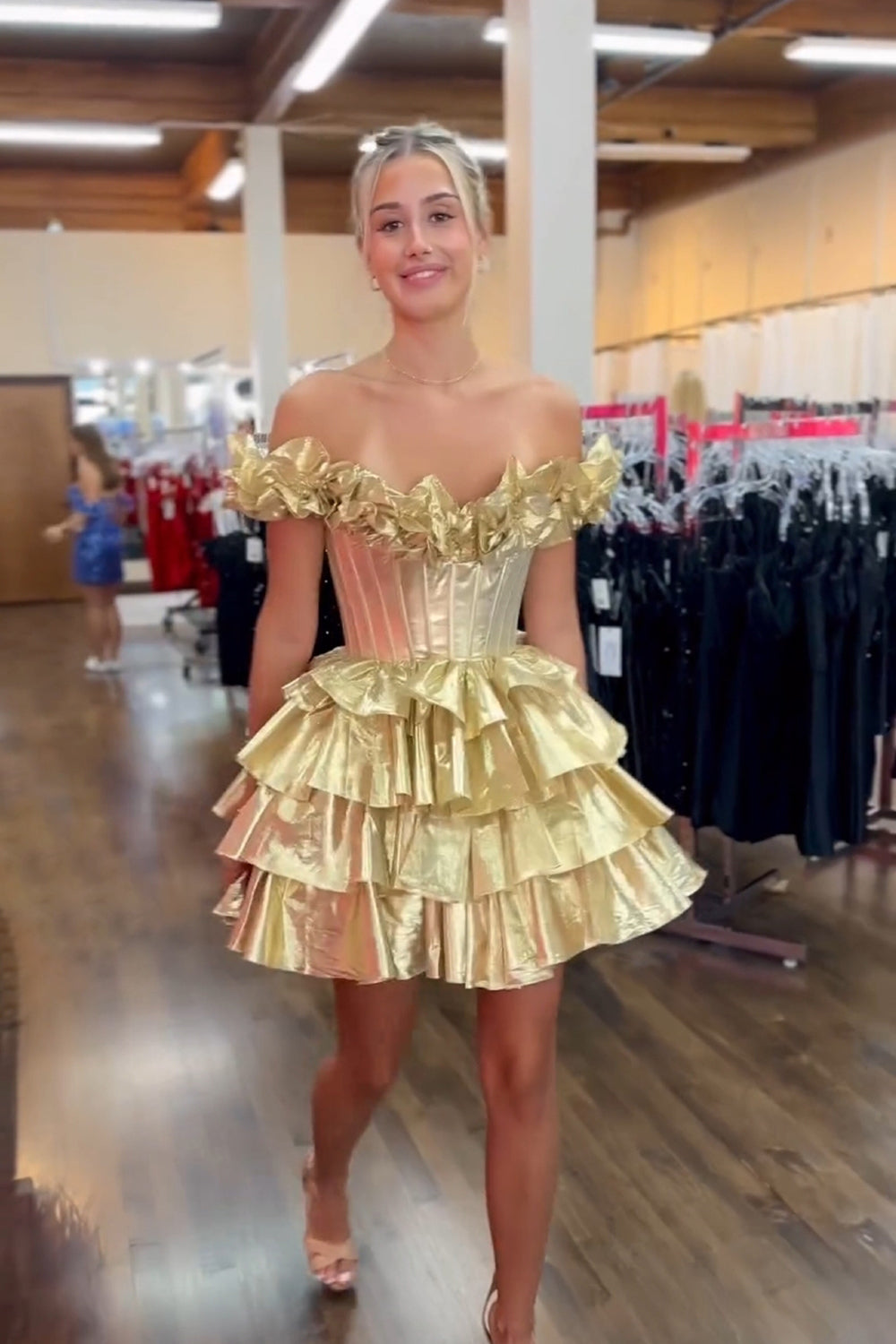 Gold Off The Shoulder A-Line Homecoming Dress with Ruffles