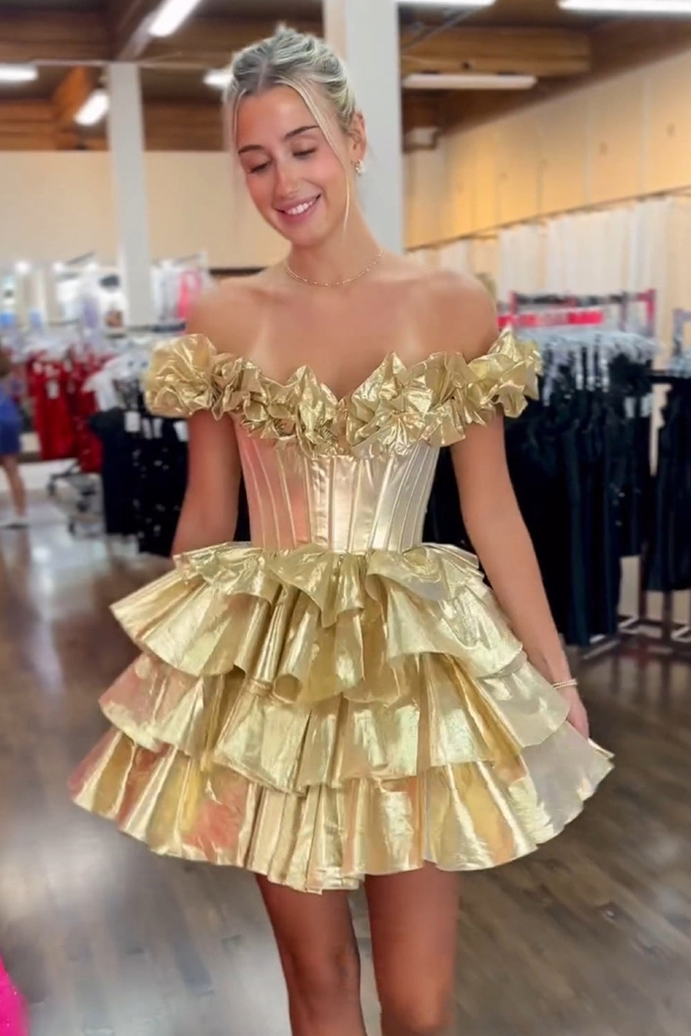 Gold Off The Shoulder A-Line Homecoming Dress with Ruffles