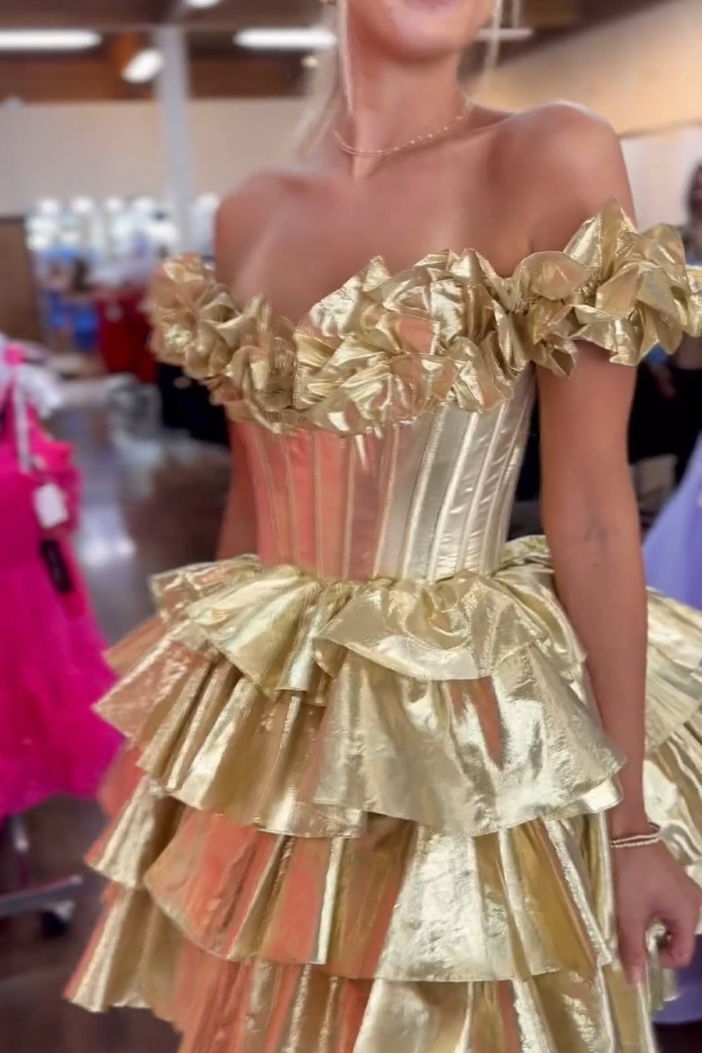Gold Off The Shoulder A-Line Homecoming Dress with Ruffles Bodice Detail