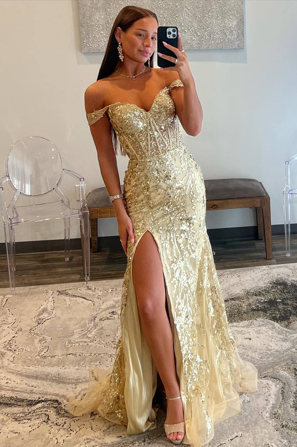 Gold Off The Shoulder Sequin Mermaid Long Prom Dress with Slit