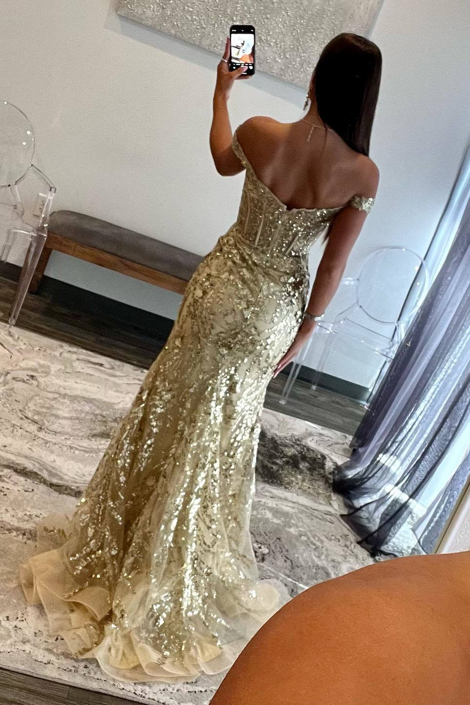 Gold Off The Shoulder Sequin Mermaid Long Prom Dress with Slit Back View