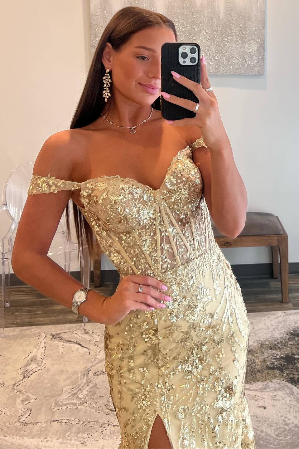 Gold Off The Shoulder Sequin Mermaid Long Prom Dress with Slit Bodice Detail