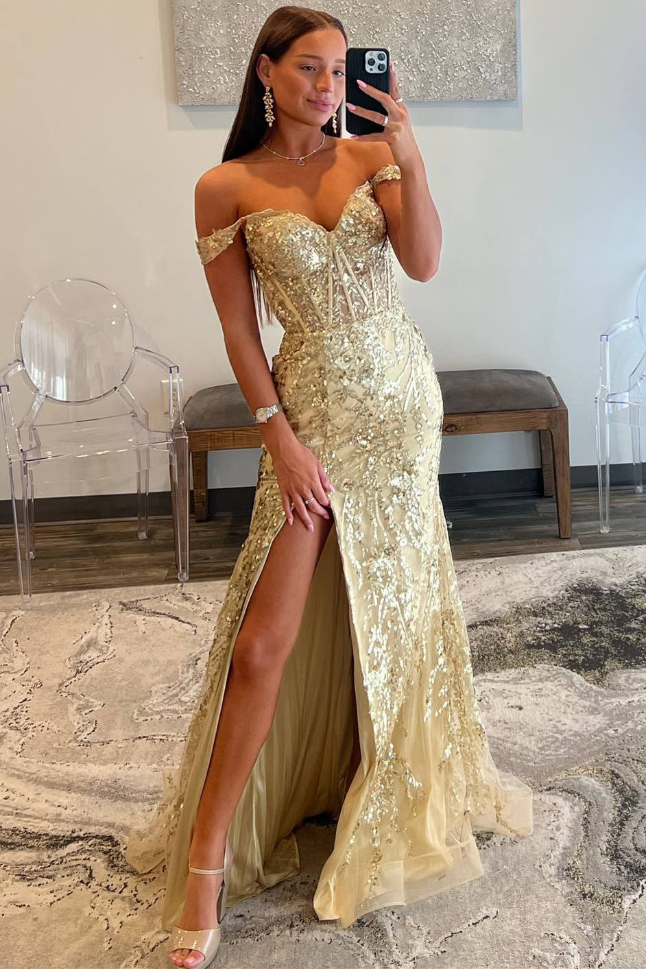 Gold Off The Shoulder Sequin Mermaid Long Prom Dress with Slit