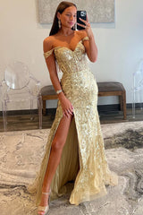 Gold Off The Shoulder Sequin Mermaid Long Prom Dress with Slit