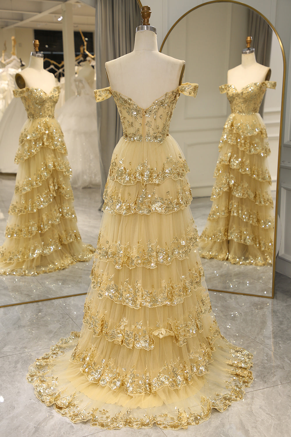 Gold Off The Shoulder Tulle A-Line Long Prom Dress with Slit Back View