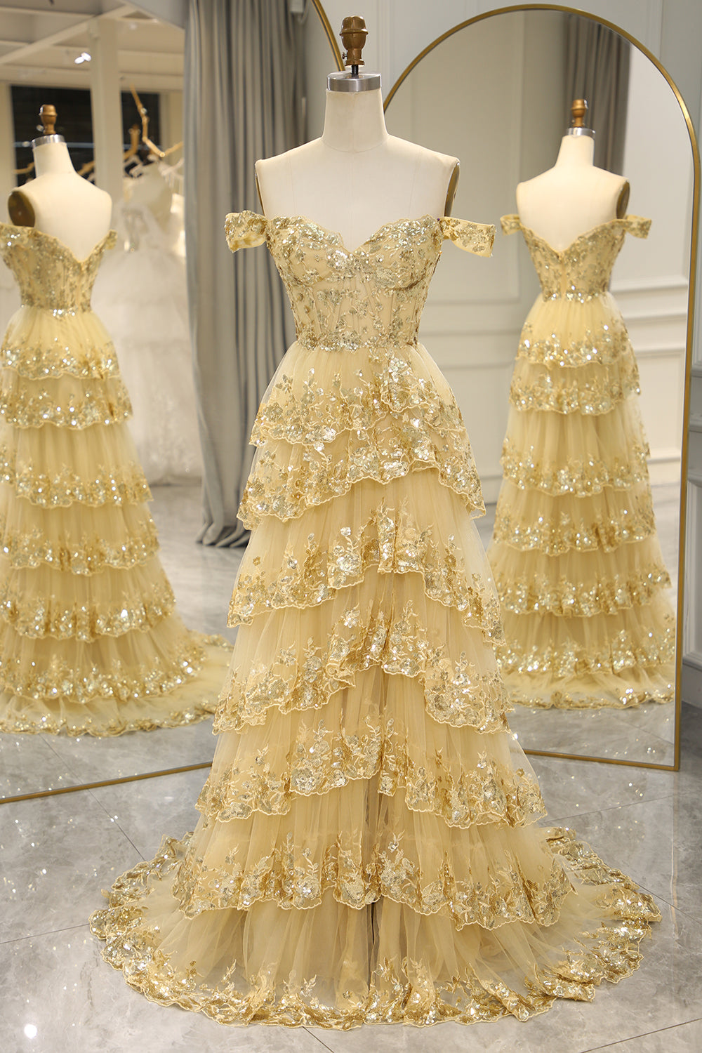 Gold Off The Shoulder Tulle A-Line Long Prom Dress with Slit