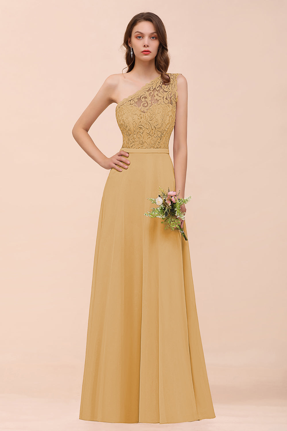 Gold One Shoulder Chiffon A-Line Long Bridesmaid Dress