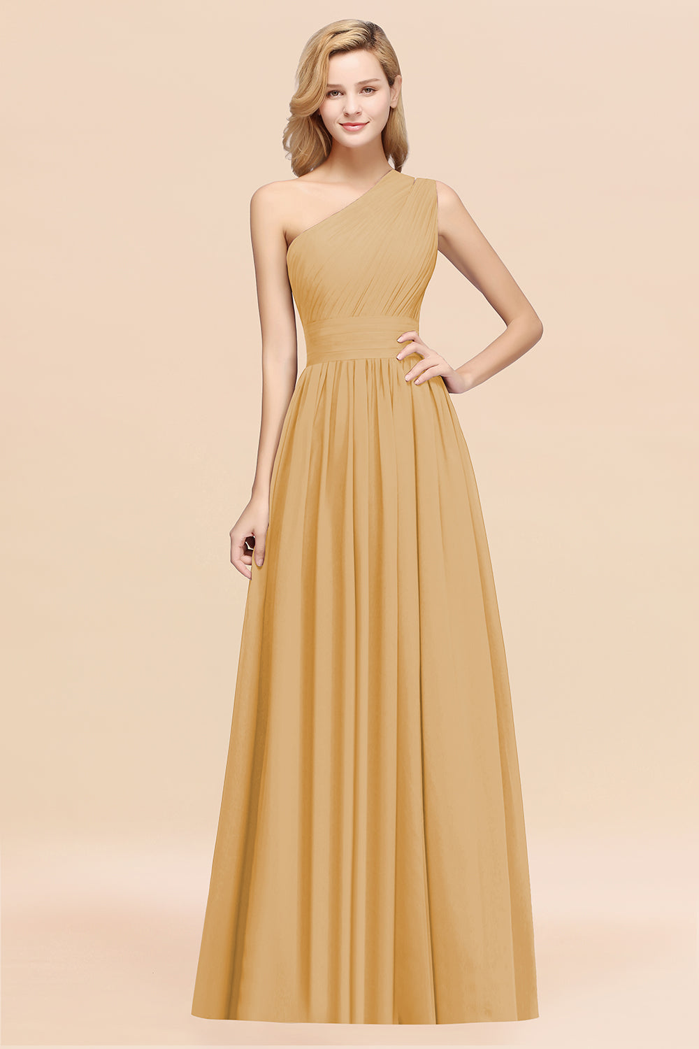 Gold One Shoulder Chiffon A-Line Long Bridesmaid Dress