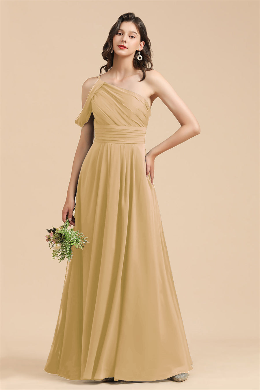 Gold One Shoulder Chiffon A-Line Long Bridesmaid Dress