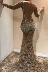 Gold One Shoulder Sequin Mermaid Long Prom Dress with Slit Back View