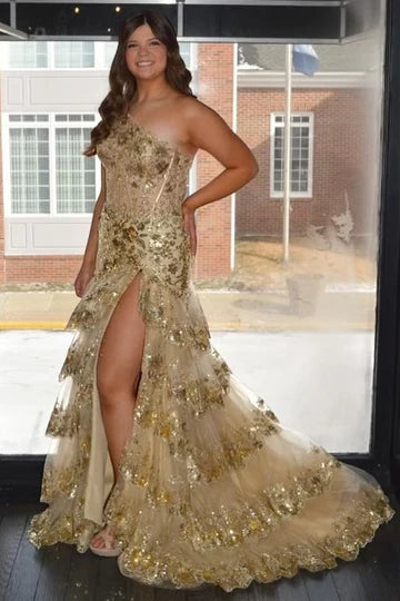 Gold One Shoulder Tulle A-Line Long Prom Dress with Slit