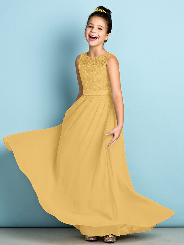 Gold Scoop Neck Chiffon A-Line Flower Girl Dress
