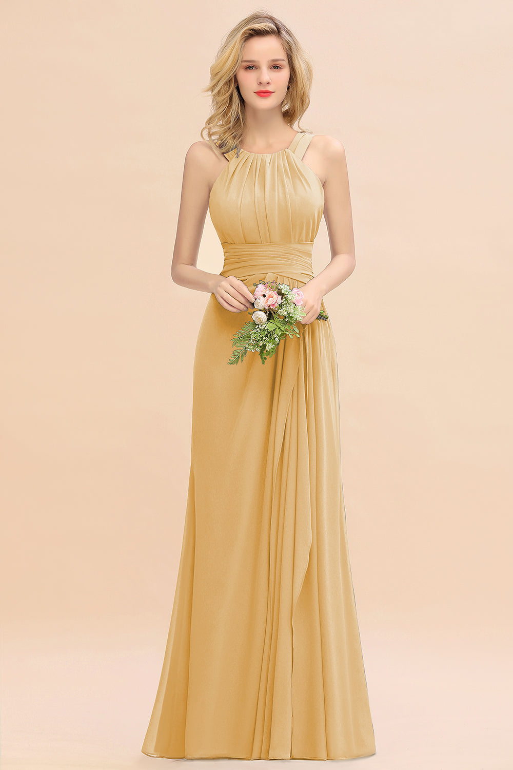 Gold Scoop Neck Chiffon A-Line Long Bridesmaid Dress