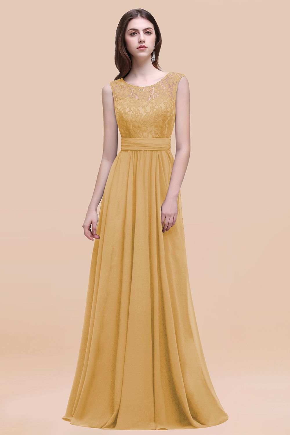 Gold Scoop Neck Chiffon A-Line Long Bridesmaid Dress