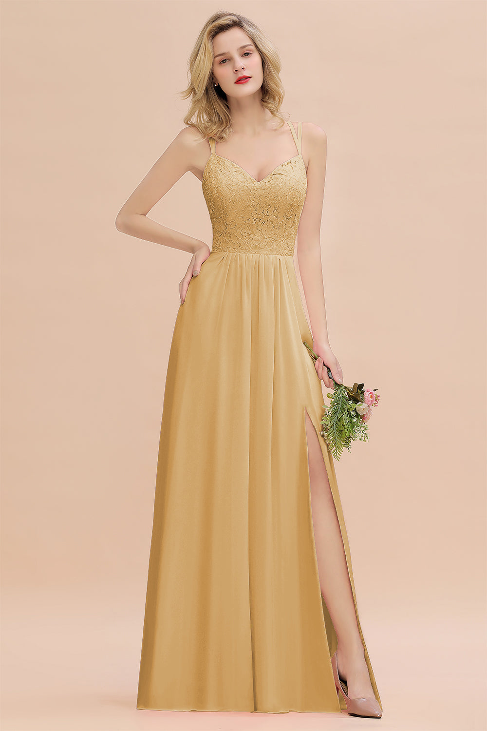 Gold Sweetheart Chiffon A-Line Long Bridesmaid Dress with Slit