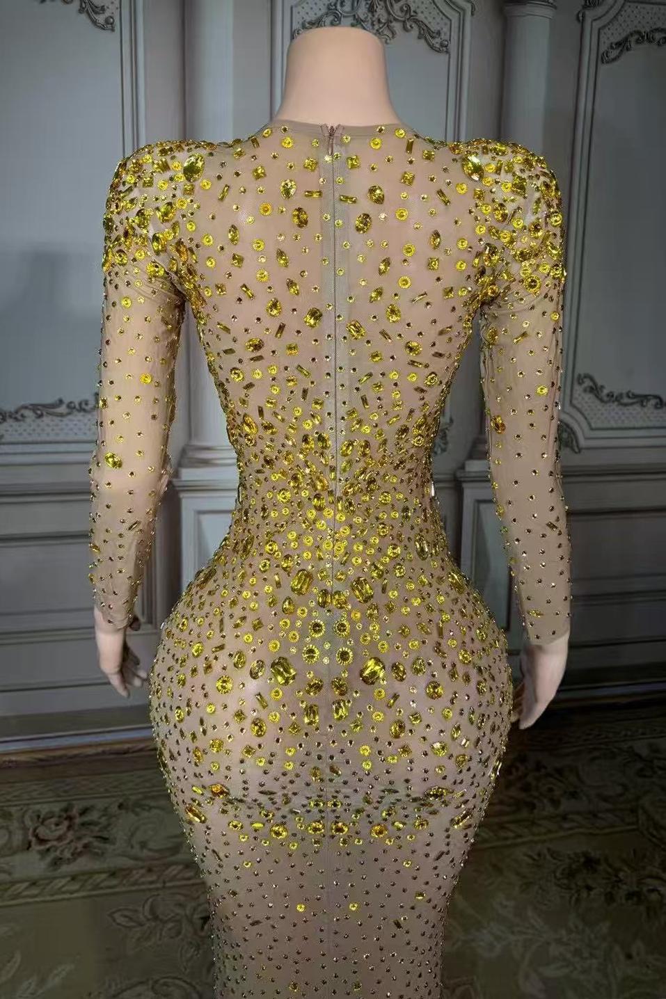 Gold Sweetheart Sheath Long Prom Dress with Long Sleeves Back Detail