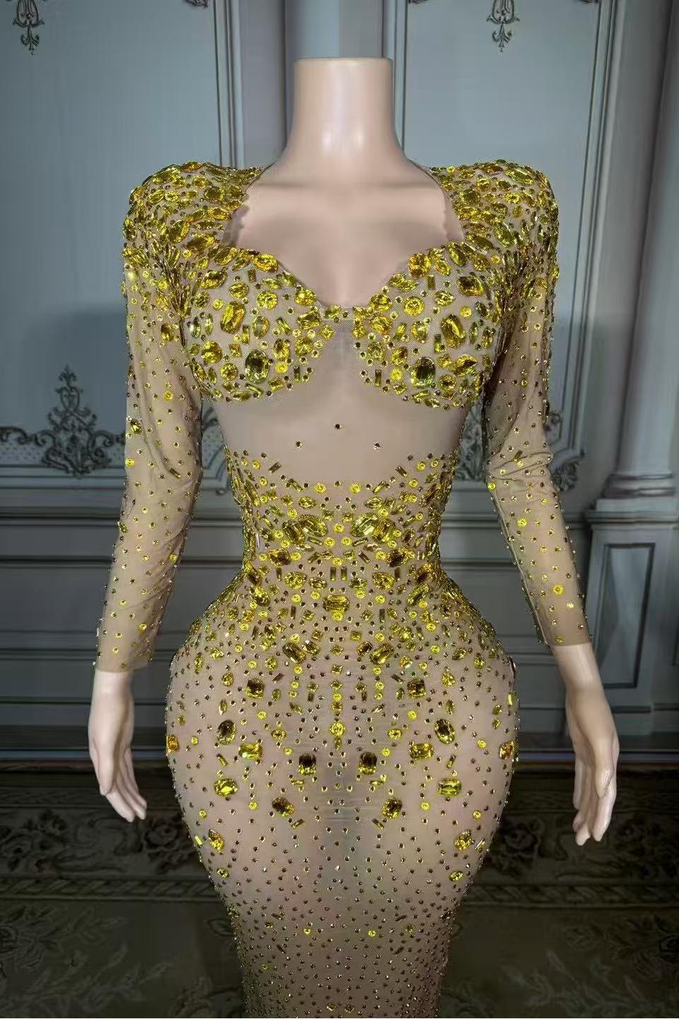 Gold Sweetheart Sheath Long Prom Dress with Long Sleeves Bodice Detail