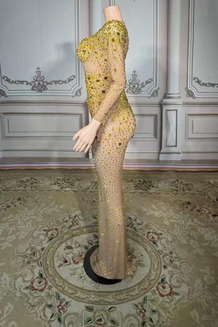 Gold Sweetheart Sheath Long Prom Dress with Long Sleeves Side View