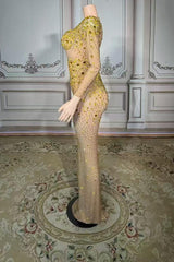 Gold Sweetheart Sheath Long Prom Dress with Long Sleeves Side View
