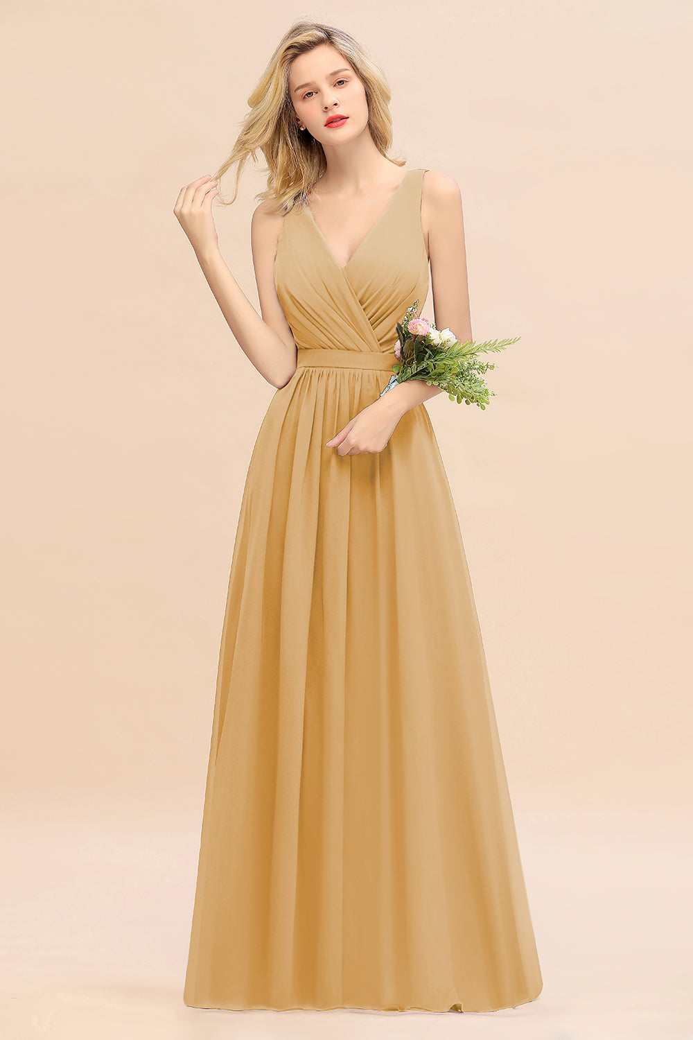 Gold V-Neck Chiffon A-Line Long Bridesmaid Dress with Ruching