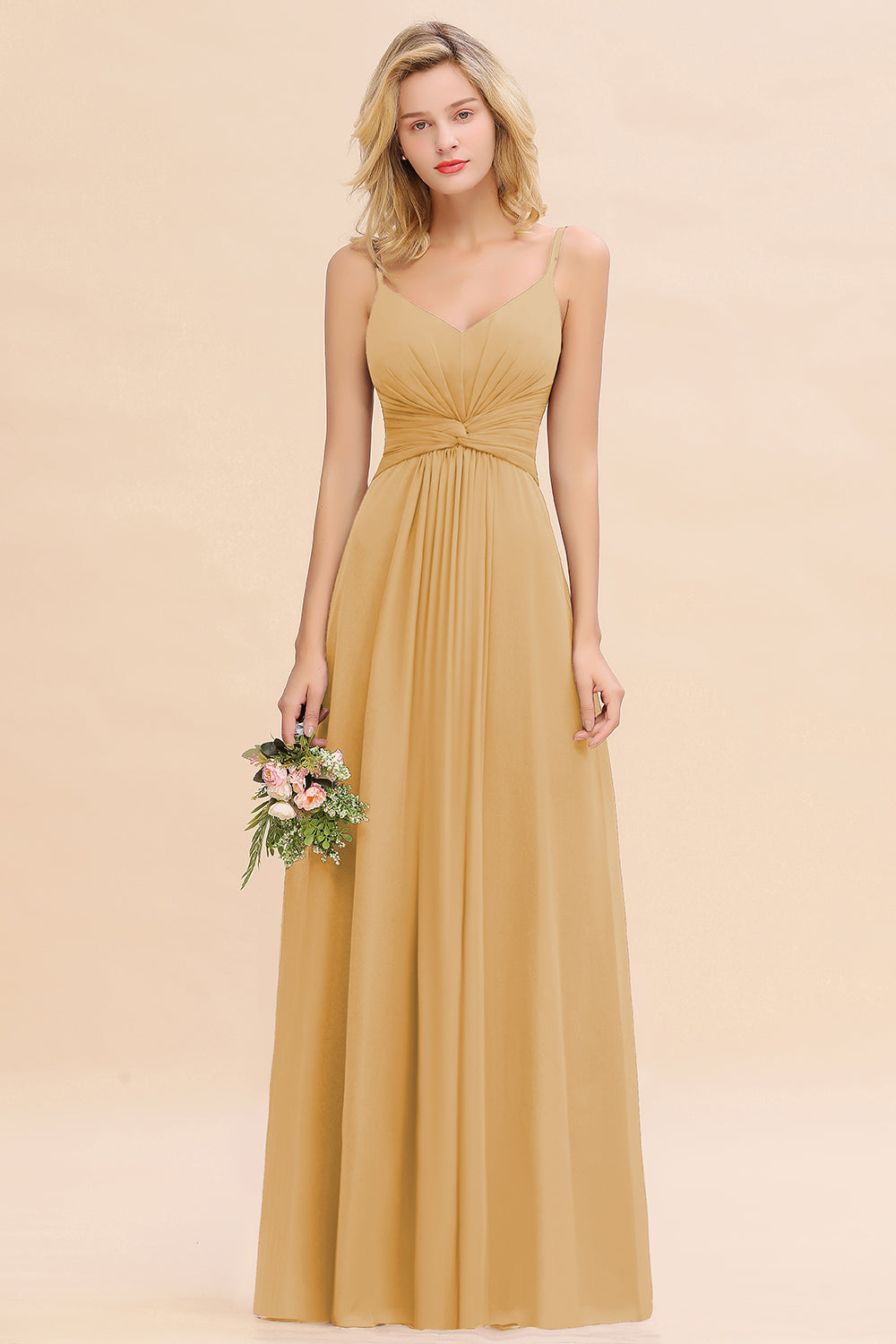 Gold V-Neck Chiffon A-Line Long Bridesmaid Dress with Ruching