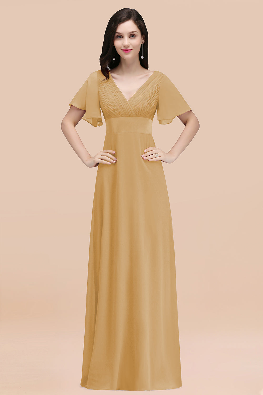 Gold V-Neck Chiffon Empire Long Bridesmaid Dress with Pleats