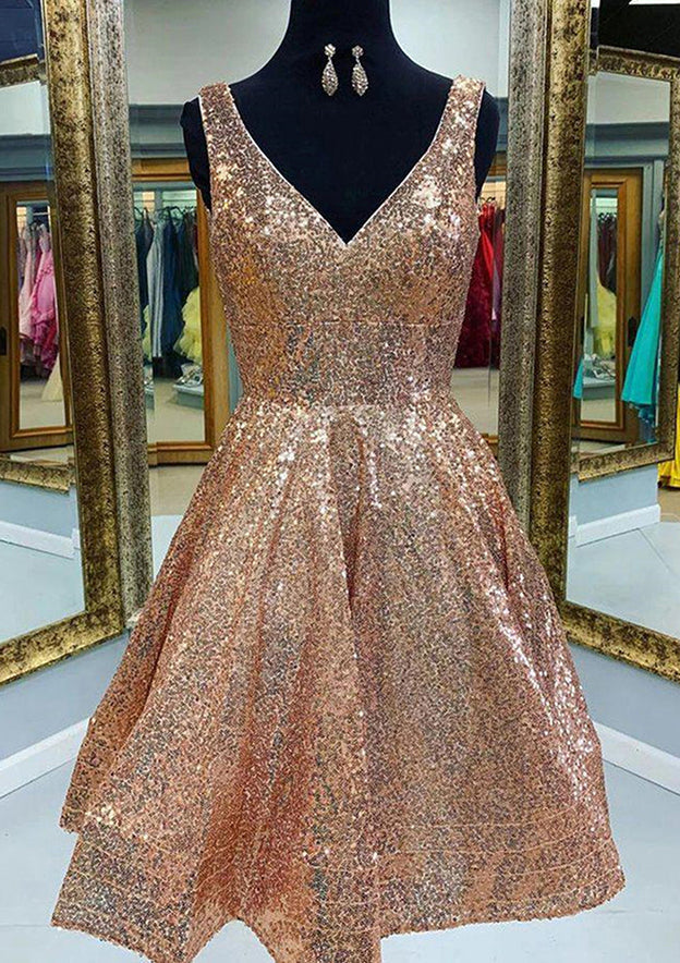 Gold V-Neck Sequin A-Line Homecoming Dress