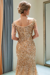 Gold V-Neck Sequin Mermaid Long Evening Dress with Beading Back Detail
