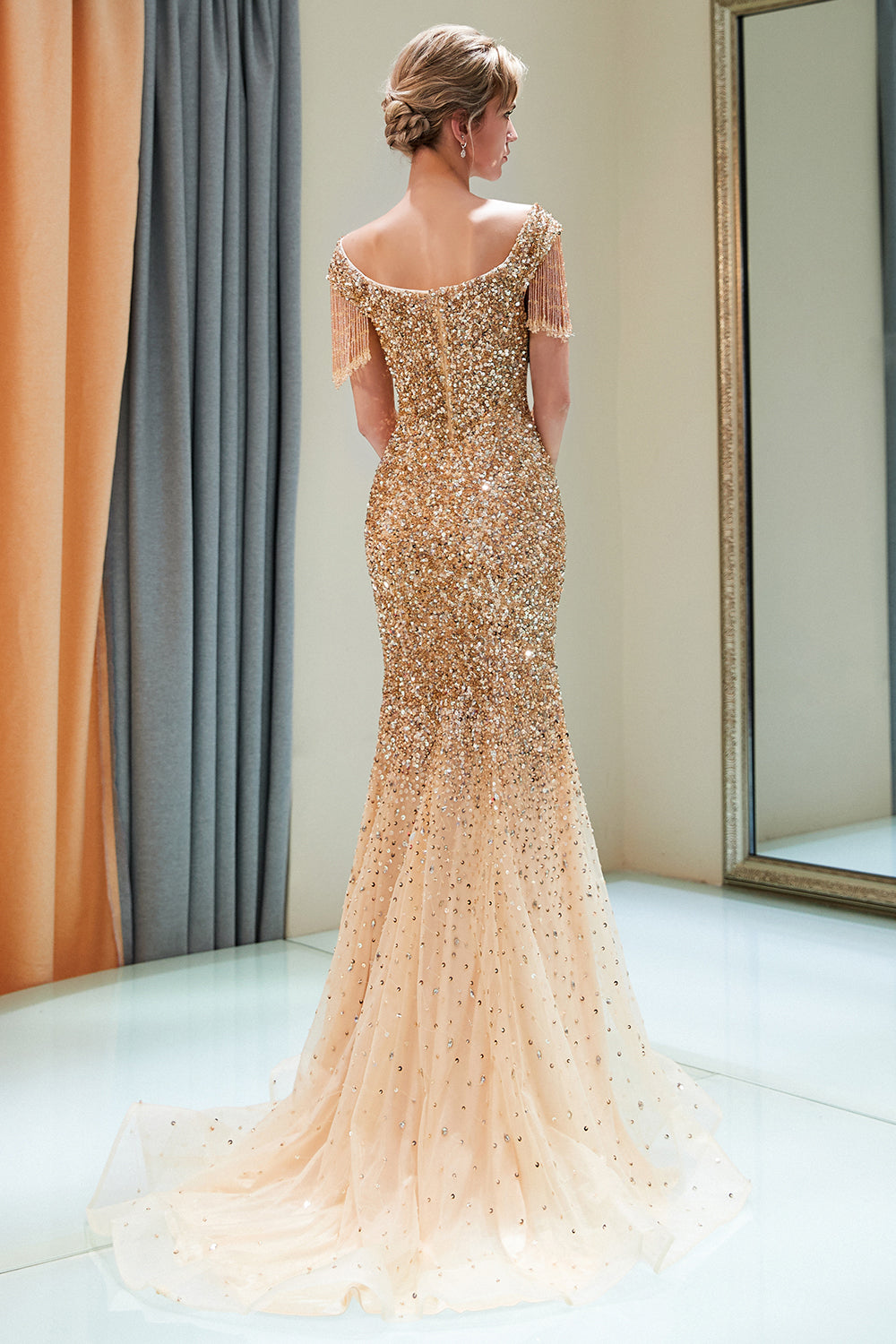 Gold V-Neck Sequin Mermaid Long Evening Dress with Beading Back View
