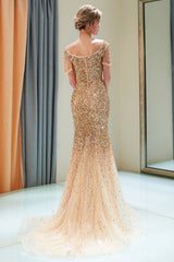 Gold V-Neck Sequin Mermaid Long Evening Dress with Beading Back View
