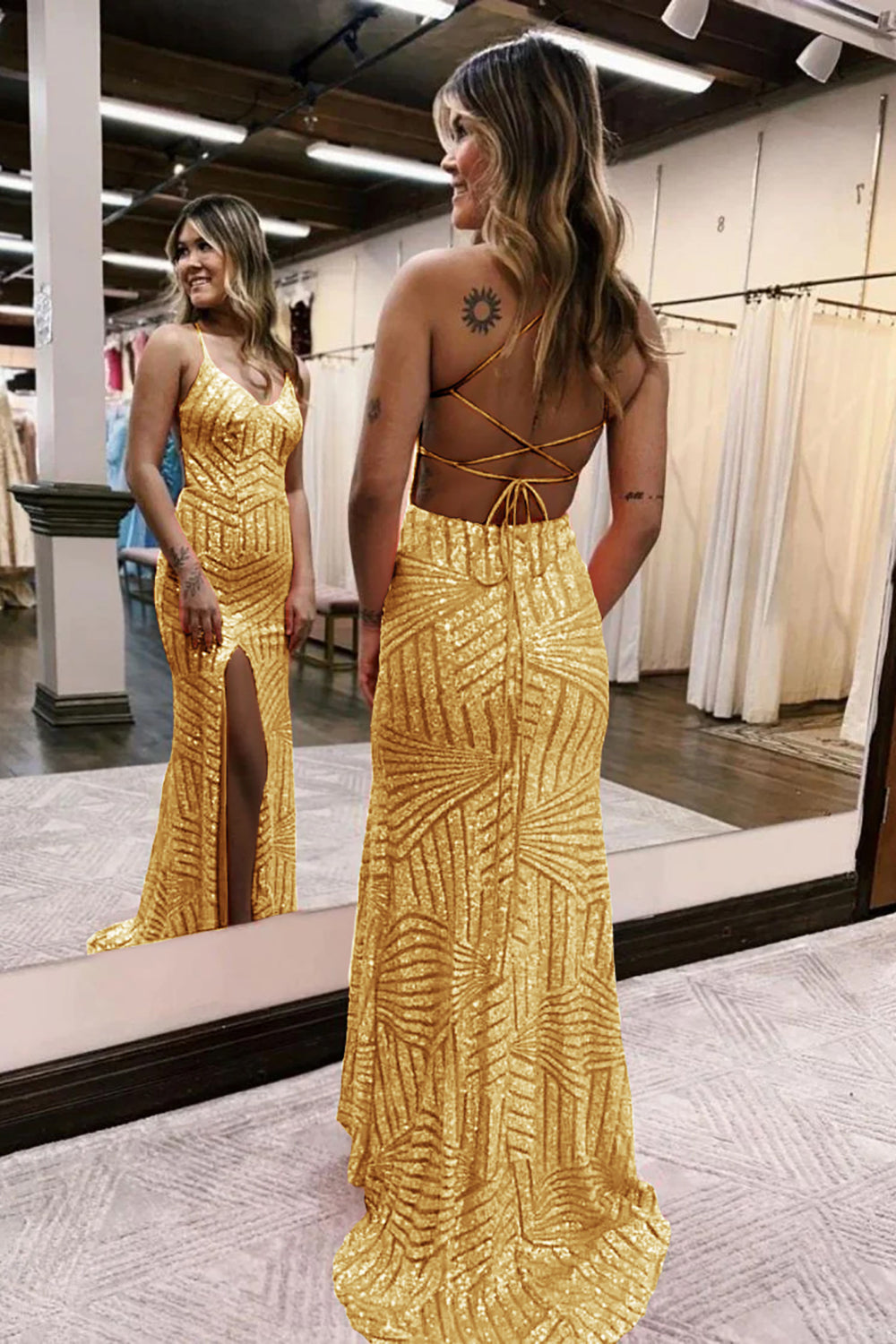Gold V-Neck Sequin Sheath Long Prom Dress with Slit Back View