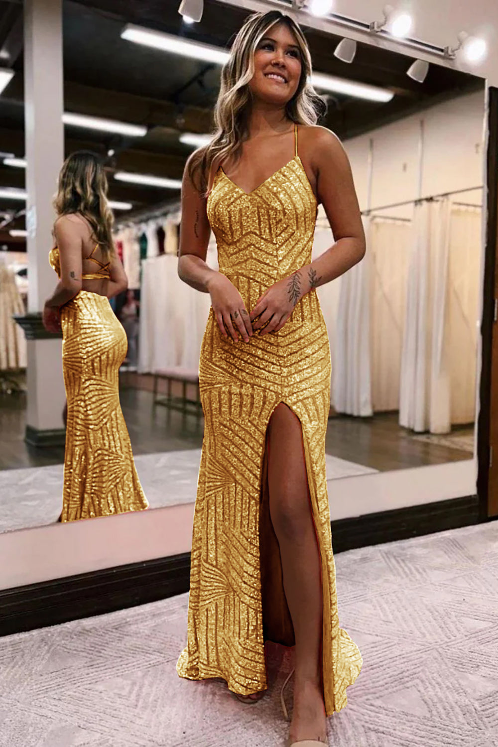 Gold V-Neck Sequin Sheath Long Prom Dress with Slit
