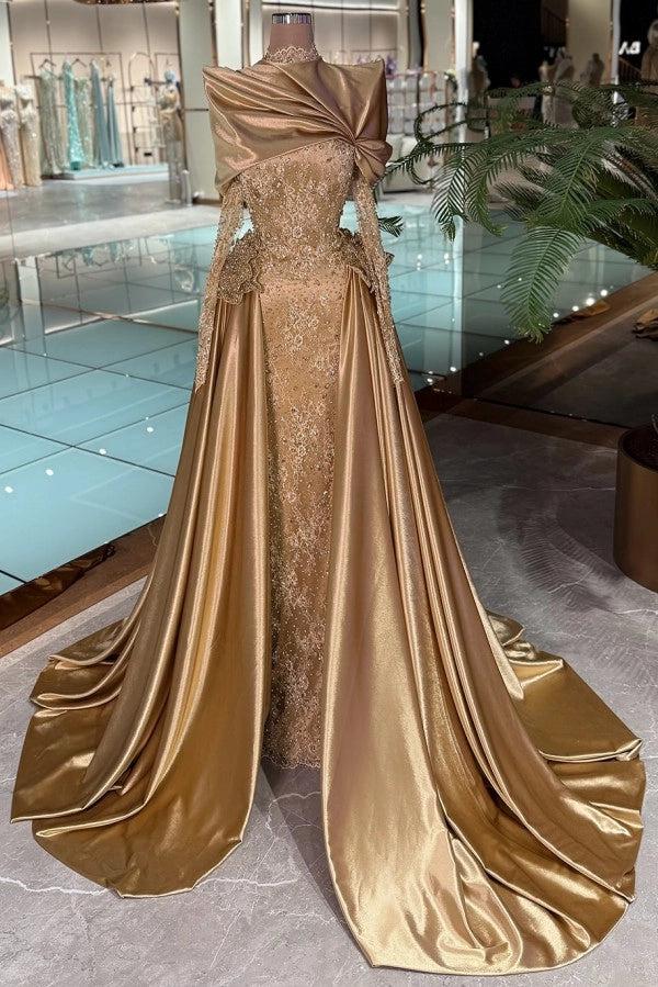 27Dress Golden Lace Mermaid Evening Dress Long Sleeves with Drape