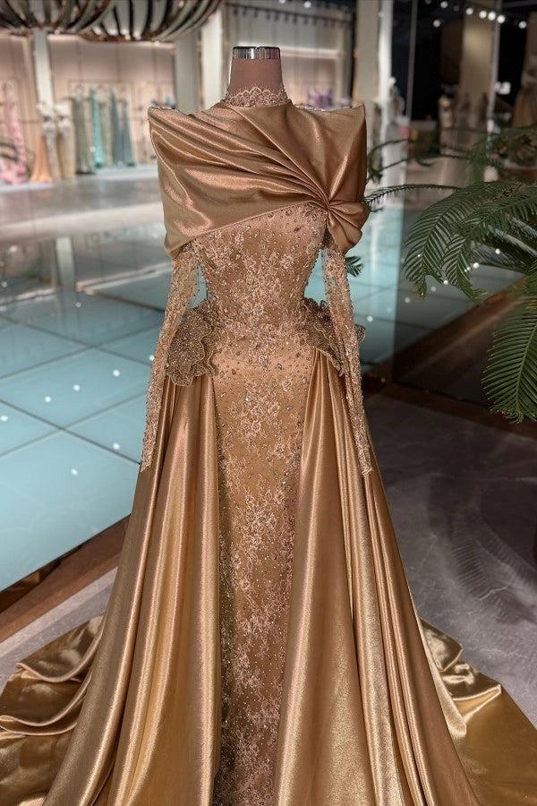 27Dress Golden Lace Mermaid Evening Dress Long Sleeves with Drape
