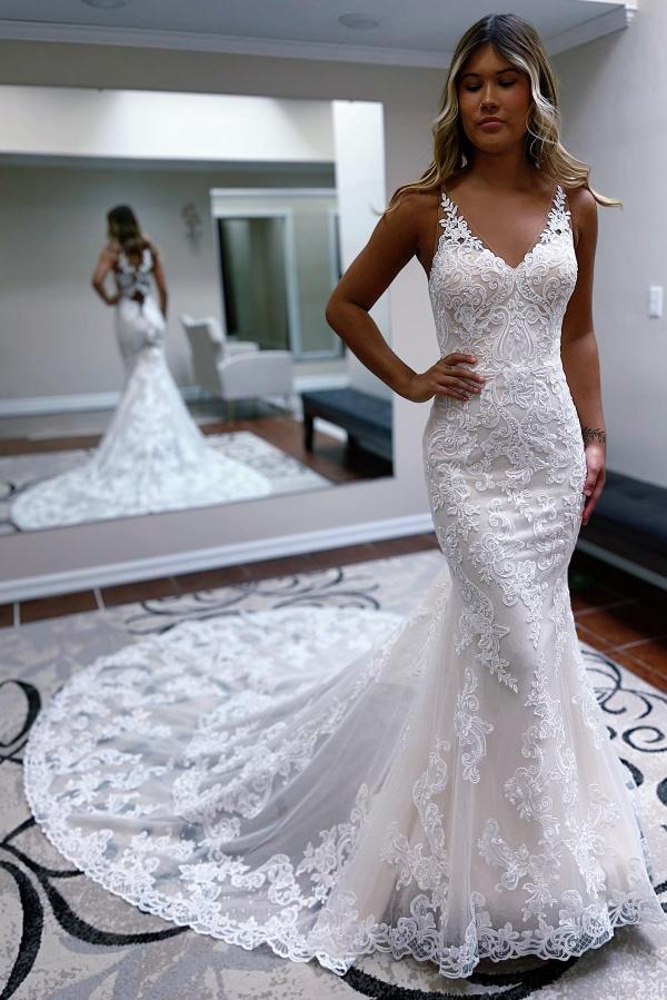 Sexy Mermaid Spaghetti Straps Lace Tulle Long Wedding Dresses