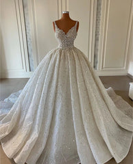 Long Ball Gown V-Neck Beaded Backless Wedding Dress