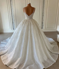 Long Ball Gown V-Neck Beaded Backless Wedding Dress