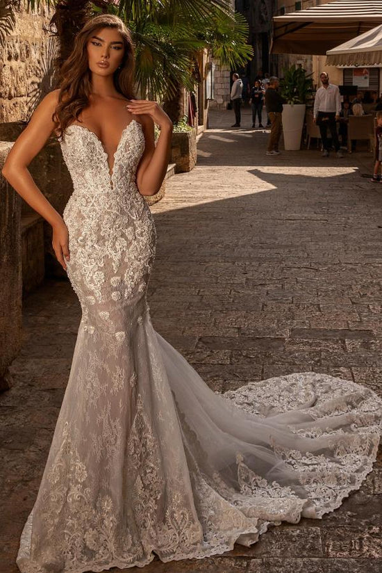 Sexy Mermaid Sweetheart Lace Tulle Open Back Long Wedding Dresses
