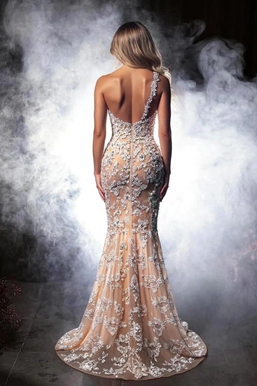 27Dress Gorgeous Crystal Lace One-Shoulder Mermaid Formal Dress with Split