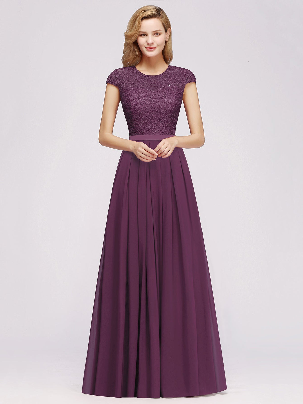 Long A-line Tulle Floral Lace Bridesmaid Dress with Cap Sleeves