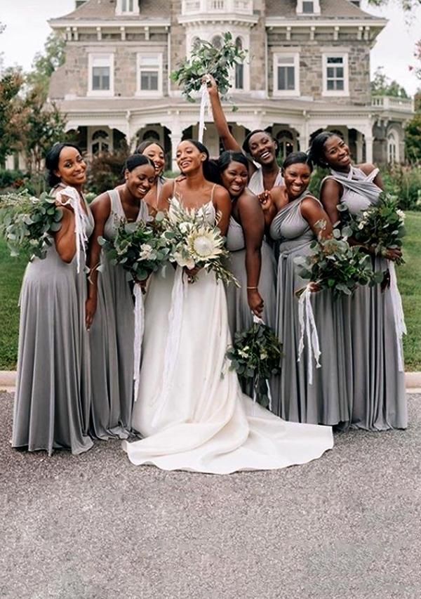 Gray Empire Long Bridesmaid Dress with Ruching Group