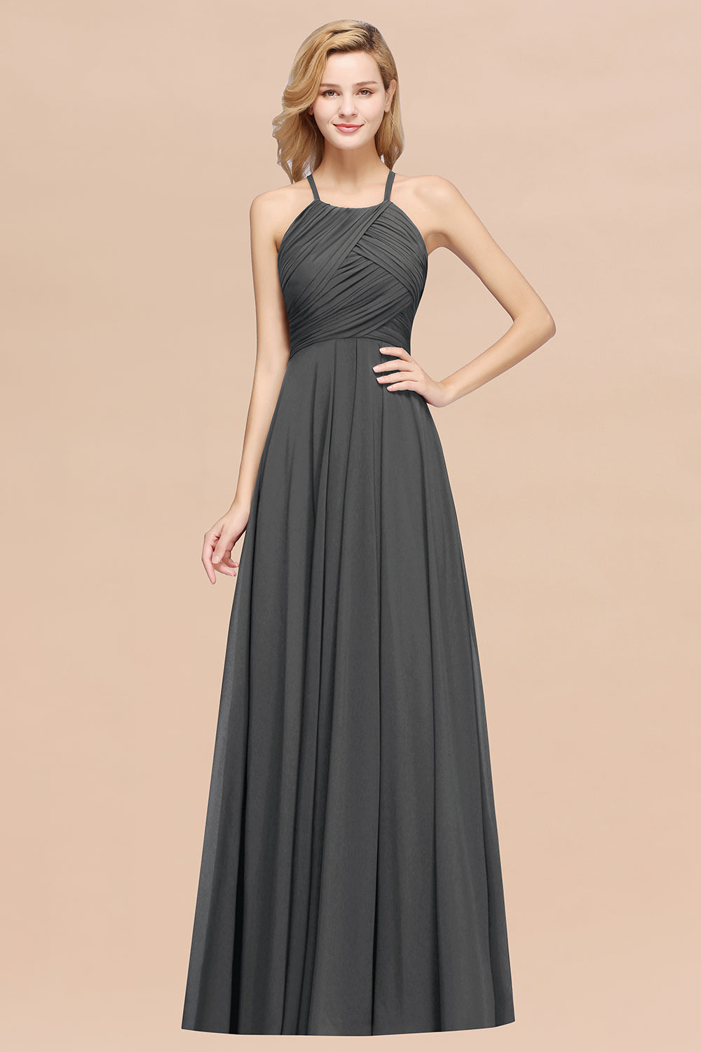Gray Halter Chiffon A-Line Long Bridesmaid Dress with Ruching