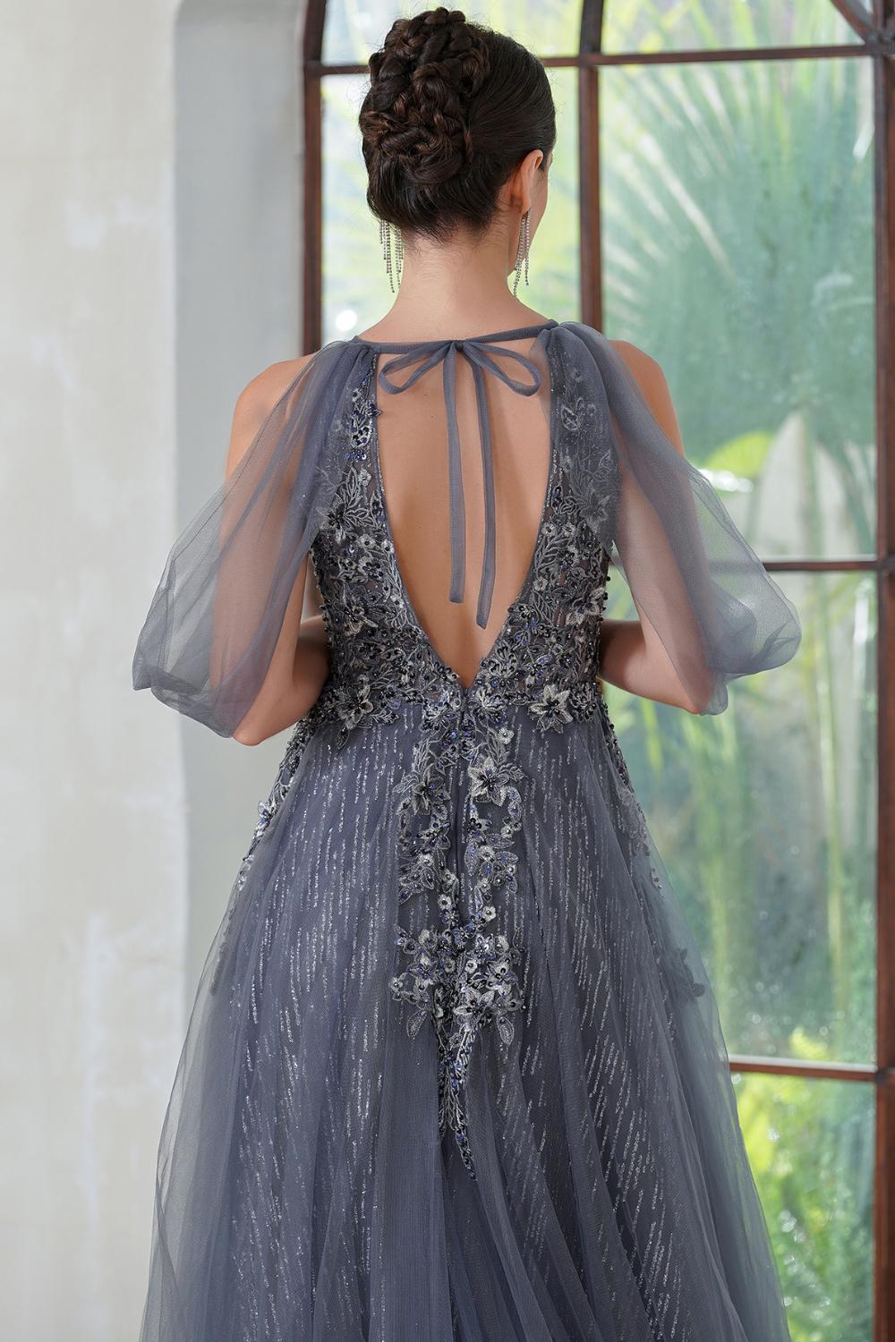 Gray Halter Tulle A-Line Long Evening Dress with Lace Appliques Back Detail