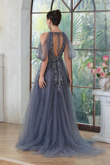 Gray Halter Tulle A-Line Long Evening Dress with Lace Appliques Back View