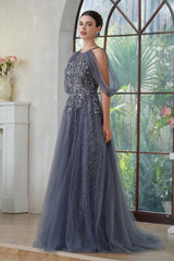 Gray Halter Tulle A-Line Long Evening Dress with Lace Appliques Side View