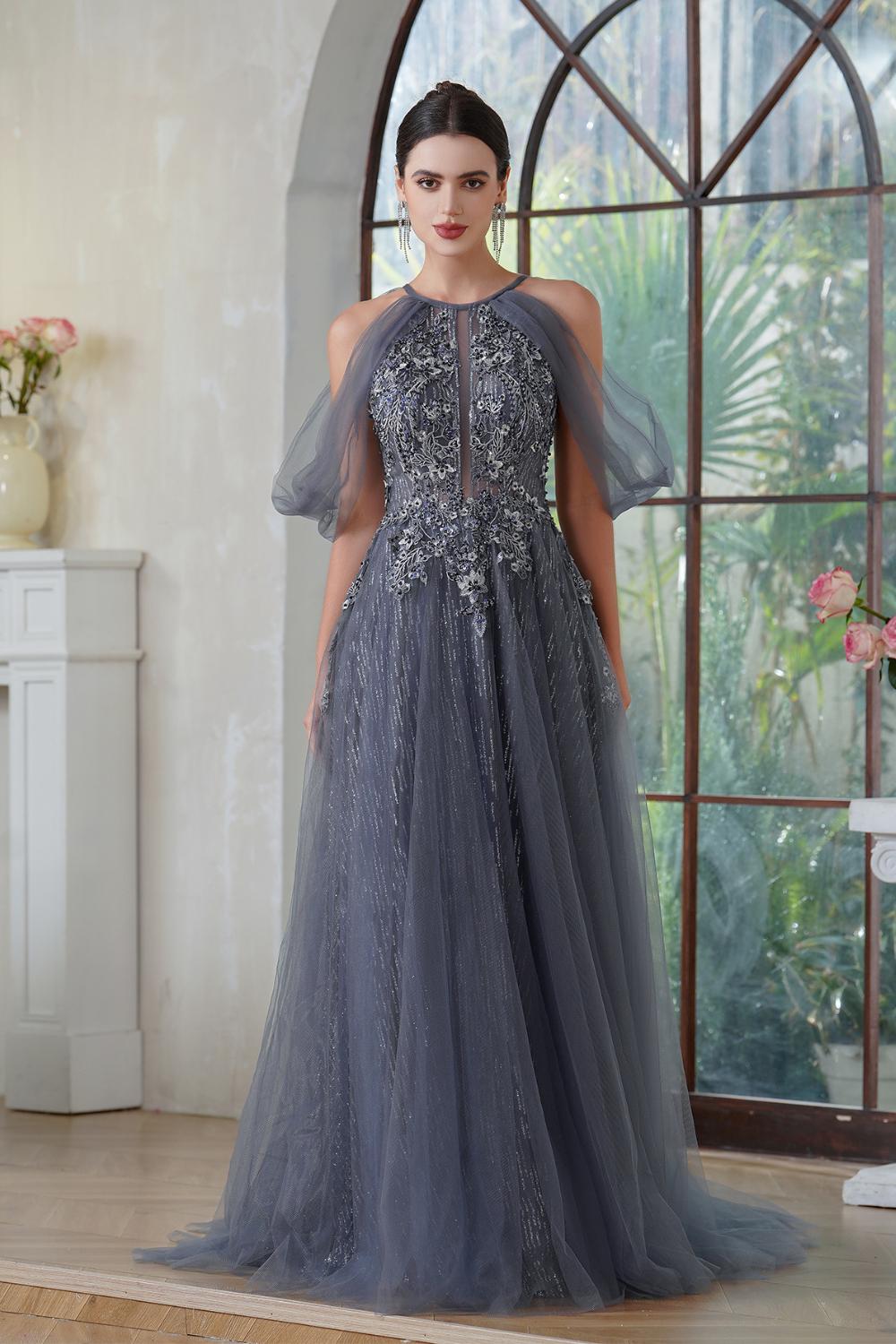 Gray Halter Tulle A-Line Long Evening Dress with Lace Appliques