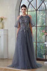 Gray Halter Tulle A-Line Long Evening Dress with Lace Appliques