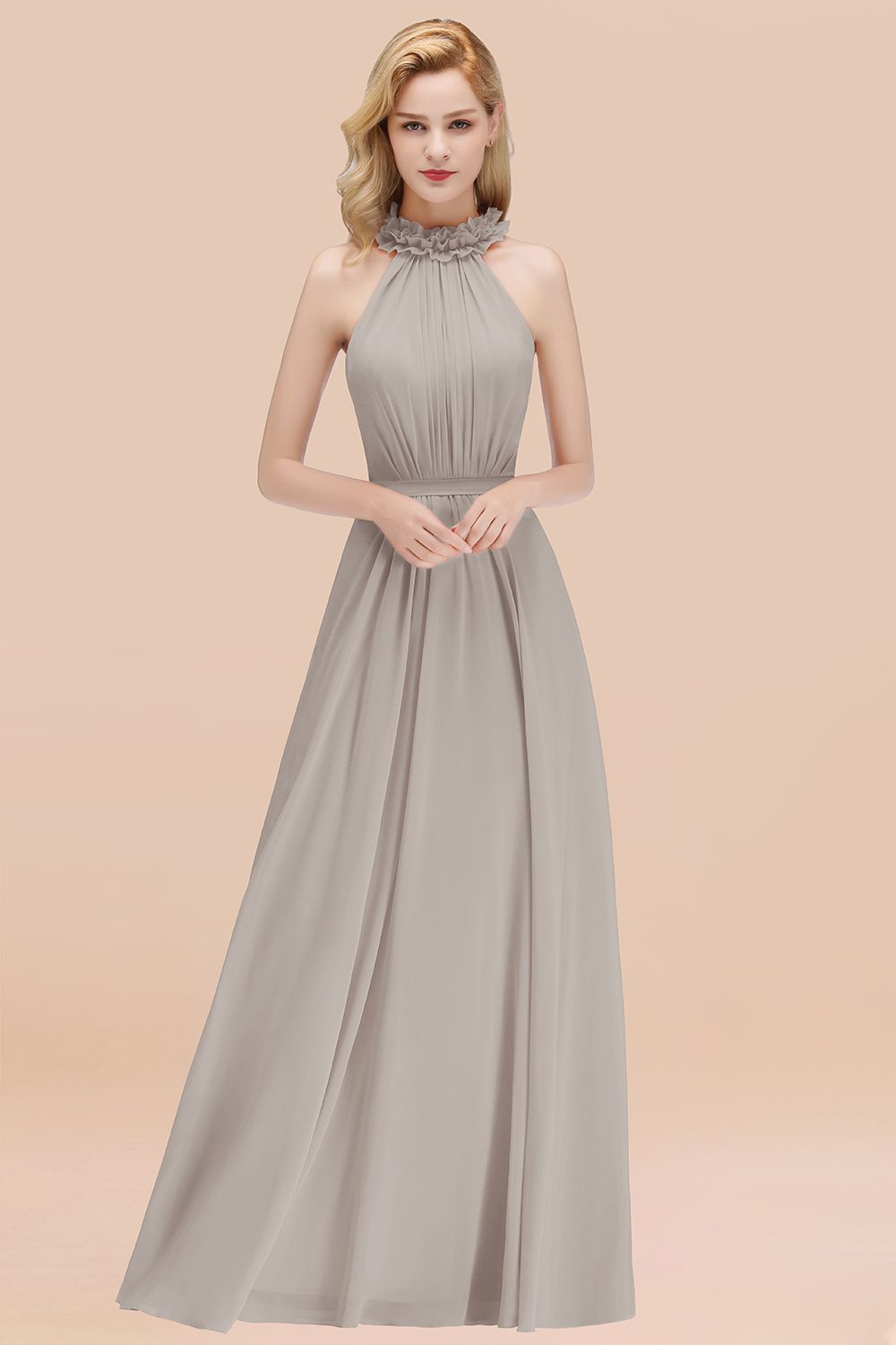 Gray High Neck Chiffon A-Line Long Bridesmaid Dress